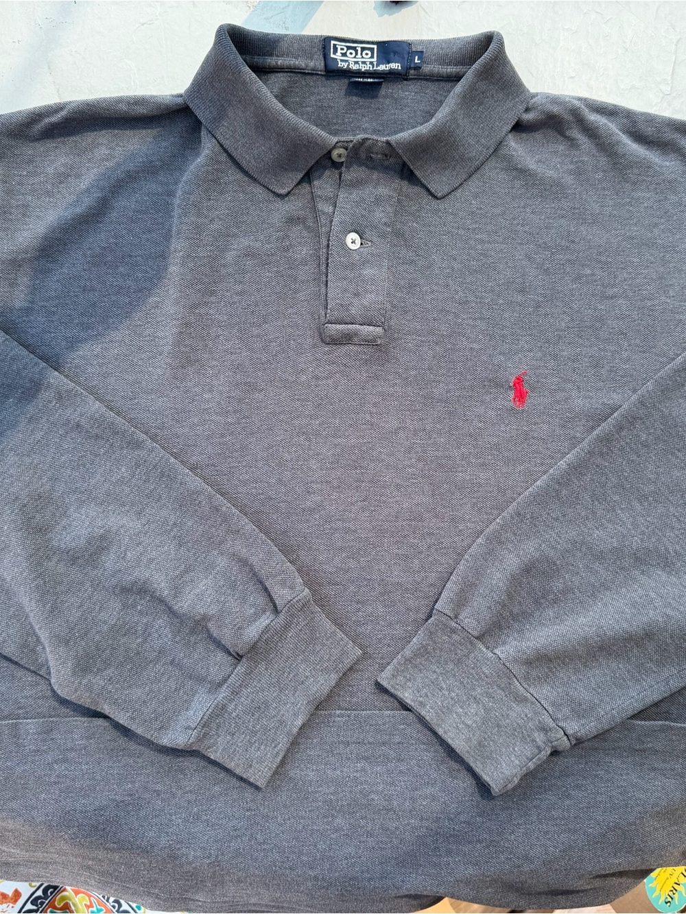 Polo by Ralph Lauren Men's Long-Sleeve Gray Polo Sweater with Red Logo size L